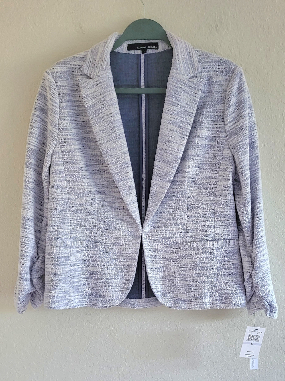 Amanda & Chelsea Light Blue & White Textured Open Blazer. Sz. L. NWT.